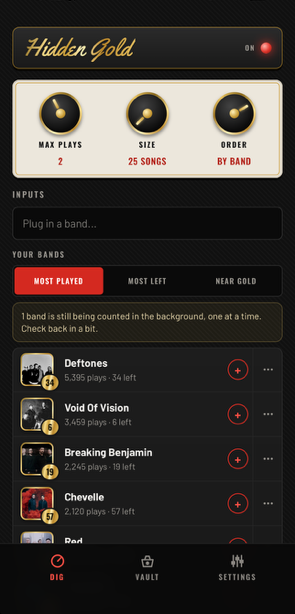Hidden Gold app: The Vault screen